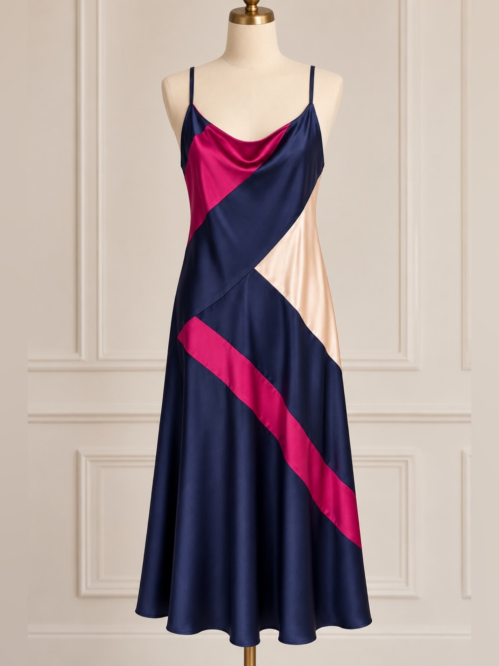 Trina Turk Colorblock Slip Dress Navy Pink Cream Cowl Neck Strappy M
